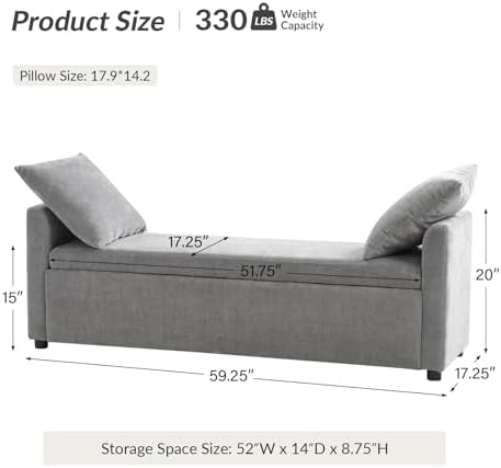 HULALA HOME 59" Storage Bench with 2 Throw Pillows & Armrests, Grey