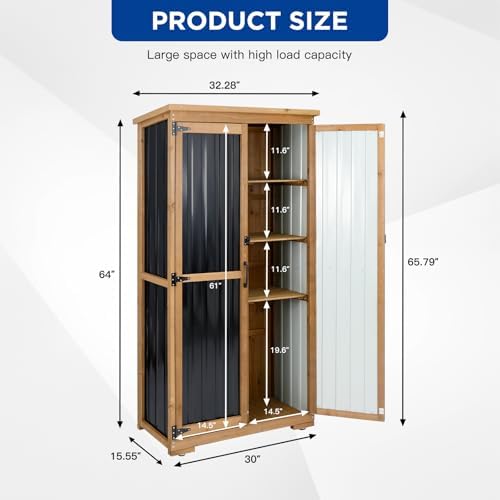 Outdoor Storage Cabinet Wood & Metal with Waterproof Roof, Garden Tool Sh...