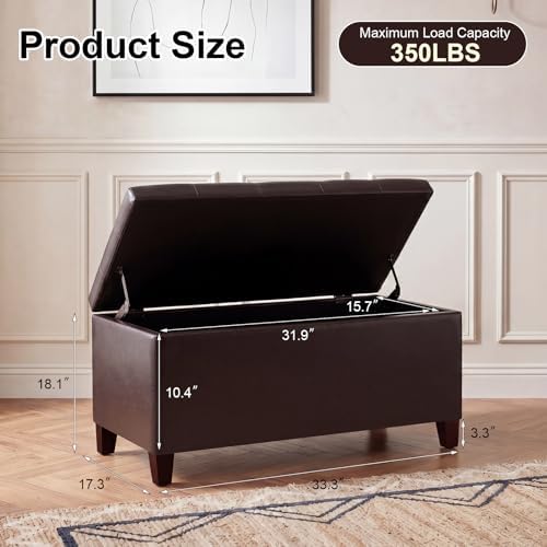 Asense Storage Ottoman Bench, 33" Faux Leather Upholstered End of Bed Be...