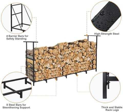 Vailge Firewood Rack Outdoor 8FT with Waterproof Firewood Carrier Bag, Adjust...