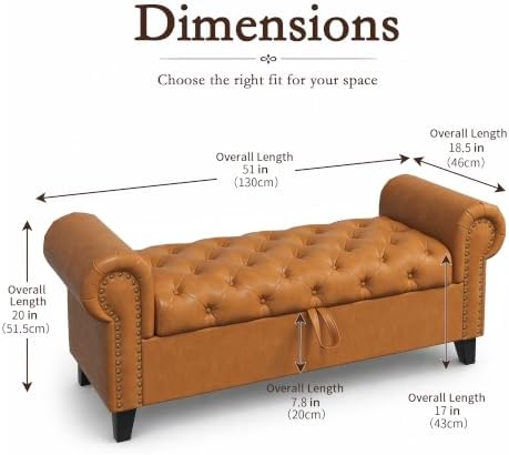 51 Inch Faux Leather Storage Bench with Rolled Arms, Chesterfield Tufted Otto...