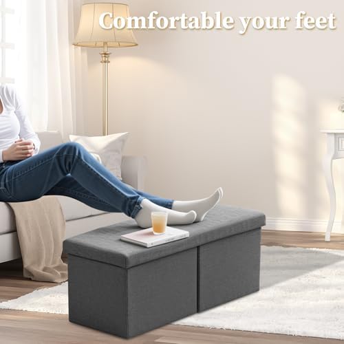Bsketa Storage Ottoman Bench, 34" Folding Linen Foot Rest Stool, Dark Gray