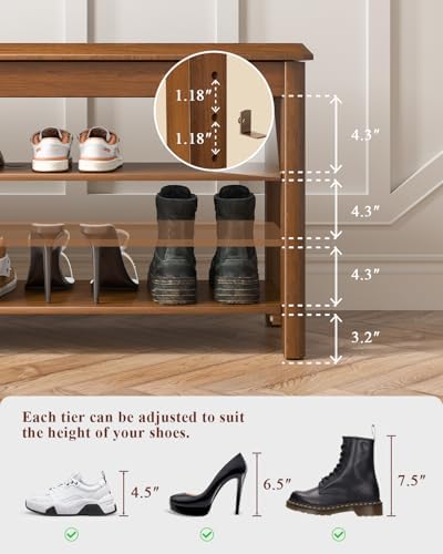 IUNVR Shoe Rack Bench Seat Rubberwood 3-Tier Wooden Storage Bench 550lbs Comp...
