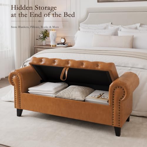 51 Inch Faux Leather Storage Bench with Rolled Arms, Chesterfield Tufted Otto...