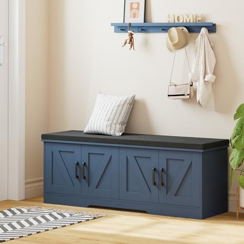 HOMSHO Farmhouse Shoe Storage Bench with 4 Barn Doors & Padded Seat Cushion