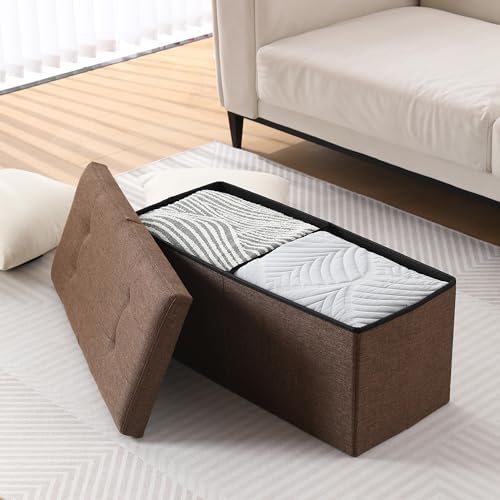 Storage Ottoman Bench Foldable Footrest Foot Stool, 30" Fabric Brown