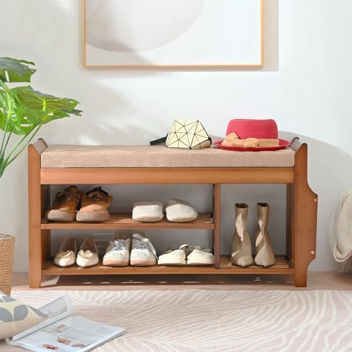 PETKABOO Shoe Bench with Hidden Drawer and Side Holder, 2 Tier Entryway Bench...