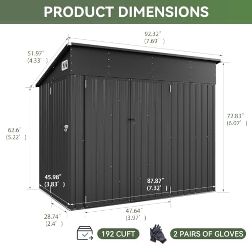 7.5'x4' Outdoor Shed with 3-Lockable Door Black