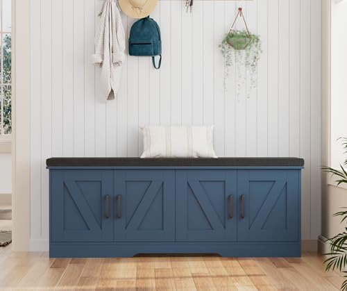 HOMSHO Farmhouse Shoe Storage Bench with 4 Barn Doors & Padded Seat Cushion