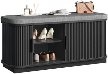 CHOEZON 39.4" Fluted Shoe Storage Bench with Cushion and Sliding Door