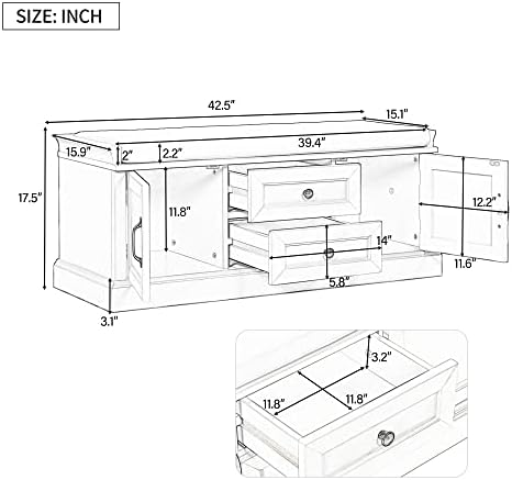 Knocbel 42.5" Storage Bench with Removable Cushion, 2 Drawers and 2 Cabi...