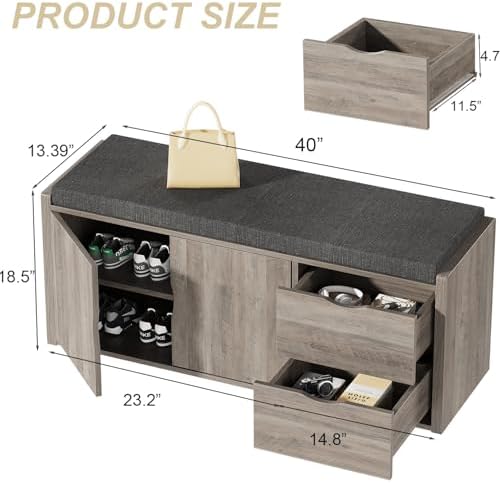 LVB 2-Tier Storage Bench with Padded Cushion, Entryway Bench with 2 Drawers