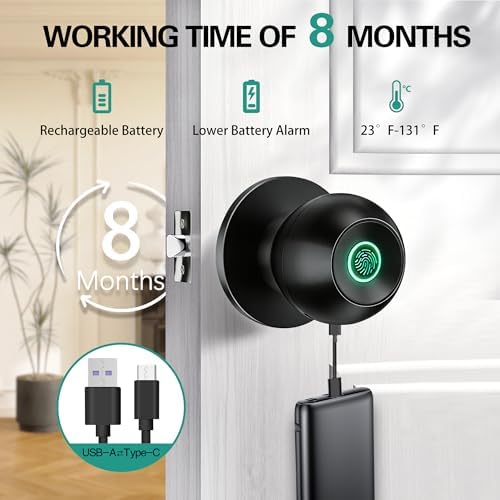 Smart Door Knob, Fingerprint Door Knob, Biometric Smart Door Lock with App Co...
