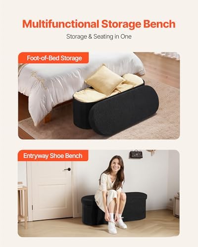 VEVOR Oval Storage Ottoman Bench, Foldable Teddy Fleece End of Bed Bench, Fol...