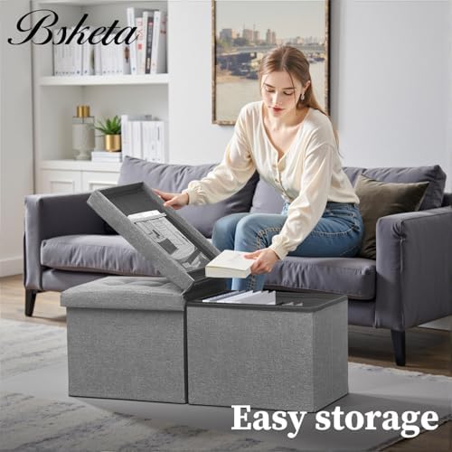Bsketa Storage Ottoman Bench, 34" Folding Linen Foot Rest Stool, Dark Gray