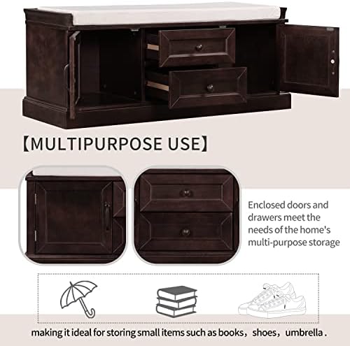 Knocbel 42.5" Storage Bench with Removable Cushion, 2 Drawers and 2 Cabi...