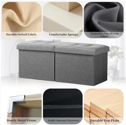 Bsketa Storage Ottoman Bench, 34" Folding Linen Foot Rest Stool, Dark Gray