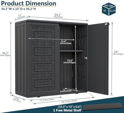 HOMSPARK Indoor/Outdoor Storage Cabinet with Doors and Shelf, 34”x15”x36” HDP...
