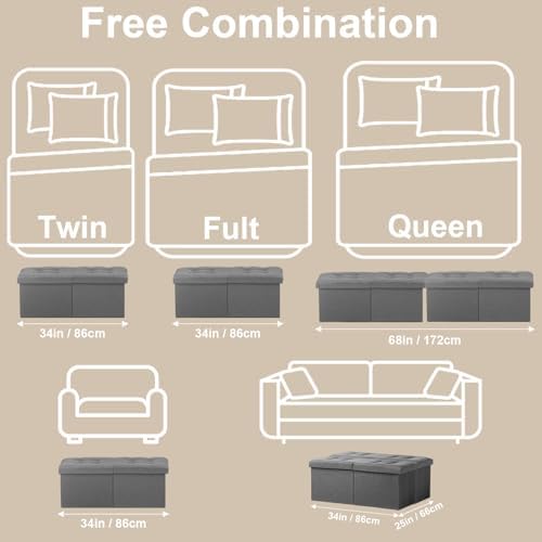 Bsketa Storage Ottoman Bench, 34" Folding Linen Foot Rest Stool, Dark Gray