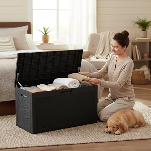 102 Gallon Resin Outdoor Storage Box, Waterproof Deck Box with Lockable Lid, ...