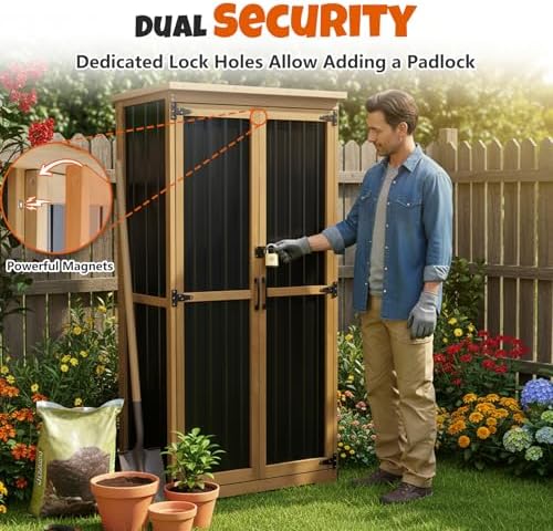 Outdoor Storage Cabinet with Shelves, Wood & Metal Storage Shed with Weat...