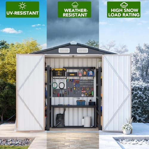 MXV 6x4 FT Outdoor Metal Storage Shed, Lockable Galvanized Steel Tool House w...