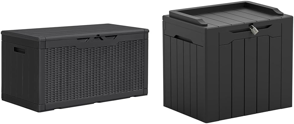Greesum 100 & 31 Gallon Black Resin Lockable Deck Boxes for Outdoor Storage