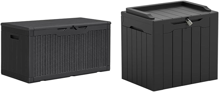 Greesum 100 & 31 Gallon Black Resin Lockable Deck Boxes for Outdoor Storage