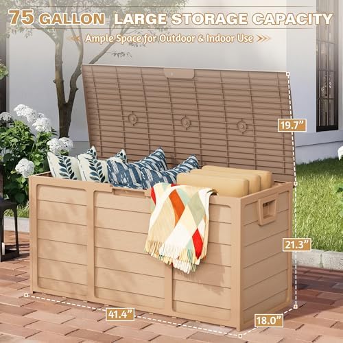 75 Gallon Outdoor Deck Box - Heavy Duty Resin Storage with Lockable Lid, UV R...