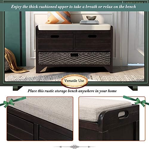 Knocbel Farmhouse Storage Bench with 2 Drawers, Removable Cushion and Wicker ...