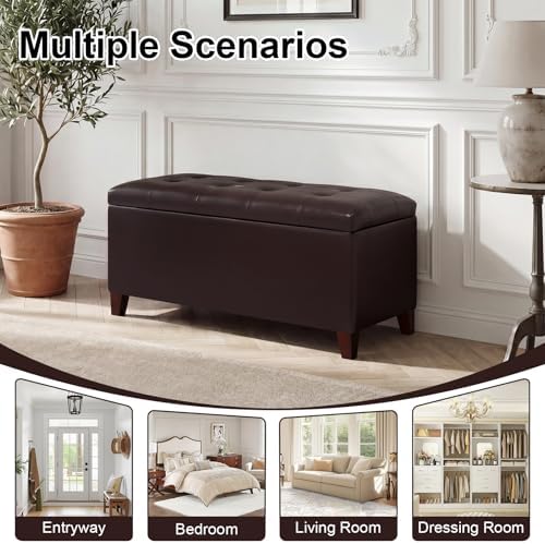 Asense Storage Ottoman Bench, 33" Faux Leather Upholstered End of Bed Be...