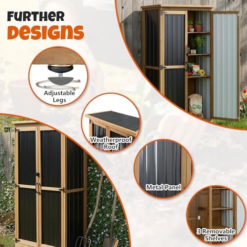 Outdoor Storage Cabinet with Shelves, Wood & Metal Storage Shed with Weat...