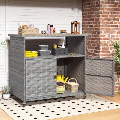 Tangkula Rattan Outdoor Storage Cabinet with 4 Wheels (Mix Grey)
