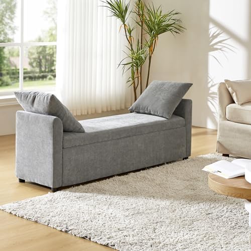 HULALA HOME 59" Storage Bench with 2 Throw Pillows & Armrests, Grey