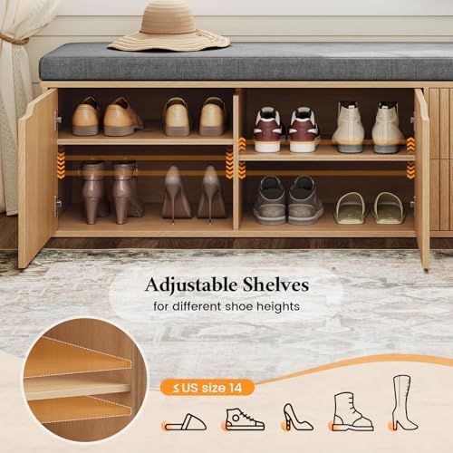 59" Storage Bench with Drawer, 2-Tier Shoe Bench with Storage, Long Entr...