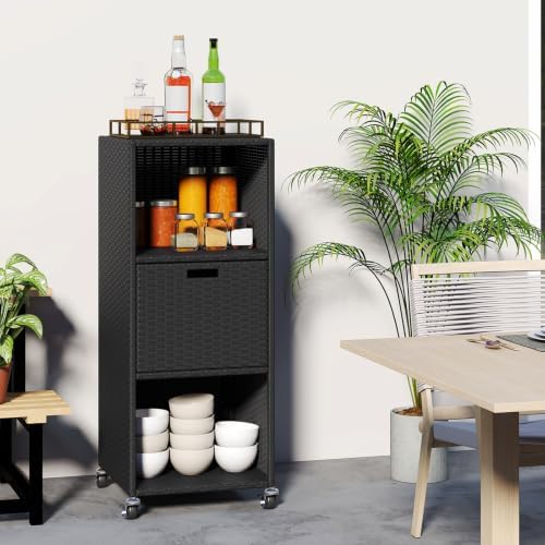 HAPPYGRILL Outdoor Storage Cabinet with Wheels, PE Rattan Wicker Storage