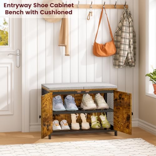 ThreeHio Shoe Bench with Cushion & Doors, Small Entryway Storage Bench