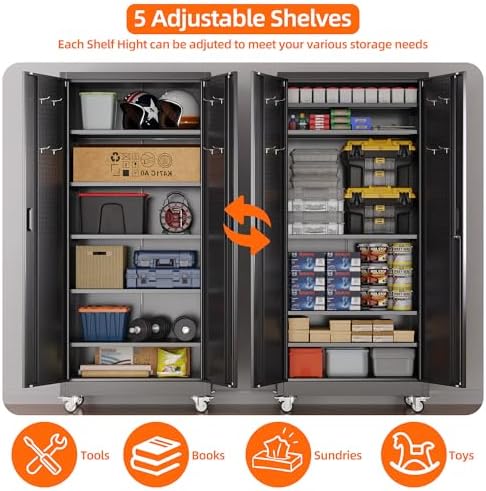 71" Metal Storage Cabinet with Wheels, 5 Adjustable Shelves, Black