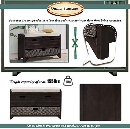 Knocbel Farmhouse Storage Bench with 2 Drawers, Removable Cushion and Wicker ...