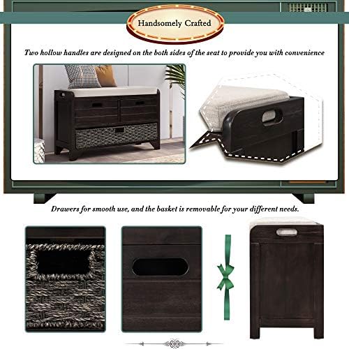 Knocbel Farmhouse Storage Bench with 2 Drawers, Removable Cushion and Wicker ...
