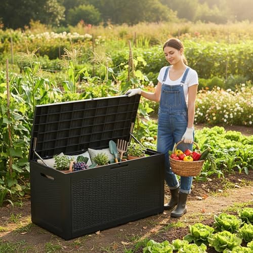 102 Gallon Resin Outdoor Storage Box, Waterproof Deck Box with Lockable Lid, ...