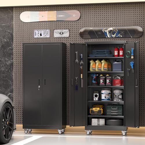 71" Metal Storage Cabinet with Wheels, 5 Adjustable Shelves, Black