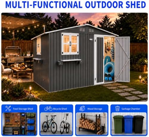 10x8 FT Outdoor Storage Shed with 2 Clear Windows, Metal Garden Shed with Flo...