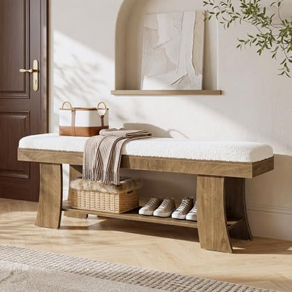 Tribesigns 59-Inch Upholstered Entryway Bench with Storage Shelf, Indoor Cushioned Shoe Bench Seat, Farmhouse Skinny End of Bed Benches for Bedroom, Living Room, Hallway, Under Window, White + Brown