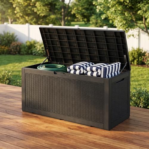 100 Gallon Deck Box, Waterproof Resin Rattan Outdoor Storage Box Lockable for...