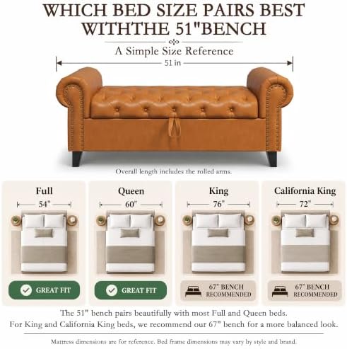 51 Inch Faux Leather Storage Bench with Rolled Arms, Chesterfield Tufted Otto...