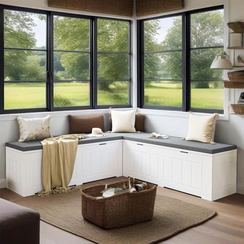 L-Shaped Corner Storage Bench Compartments & Cushioned Seat, Kitchen Brea...