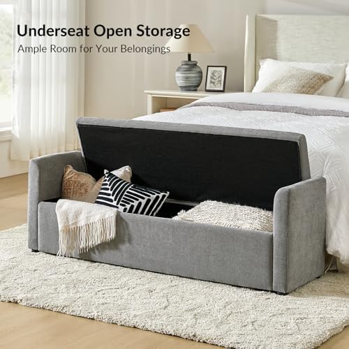 HULALA HOME 59" Storage Bench with 2 Throw Pillows & Armrests, Grey