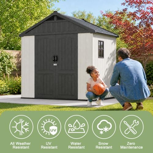 Greesum 8x8 FT Resin Outdoor Storage Shed with Floor, Beige