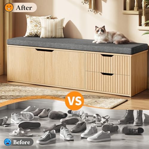 59" Storage Bench with Drawer, 2-Tier Shoe Bench with Storage, Long Entr...